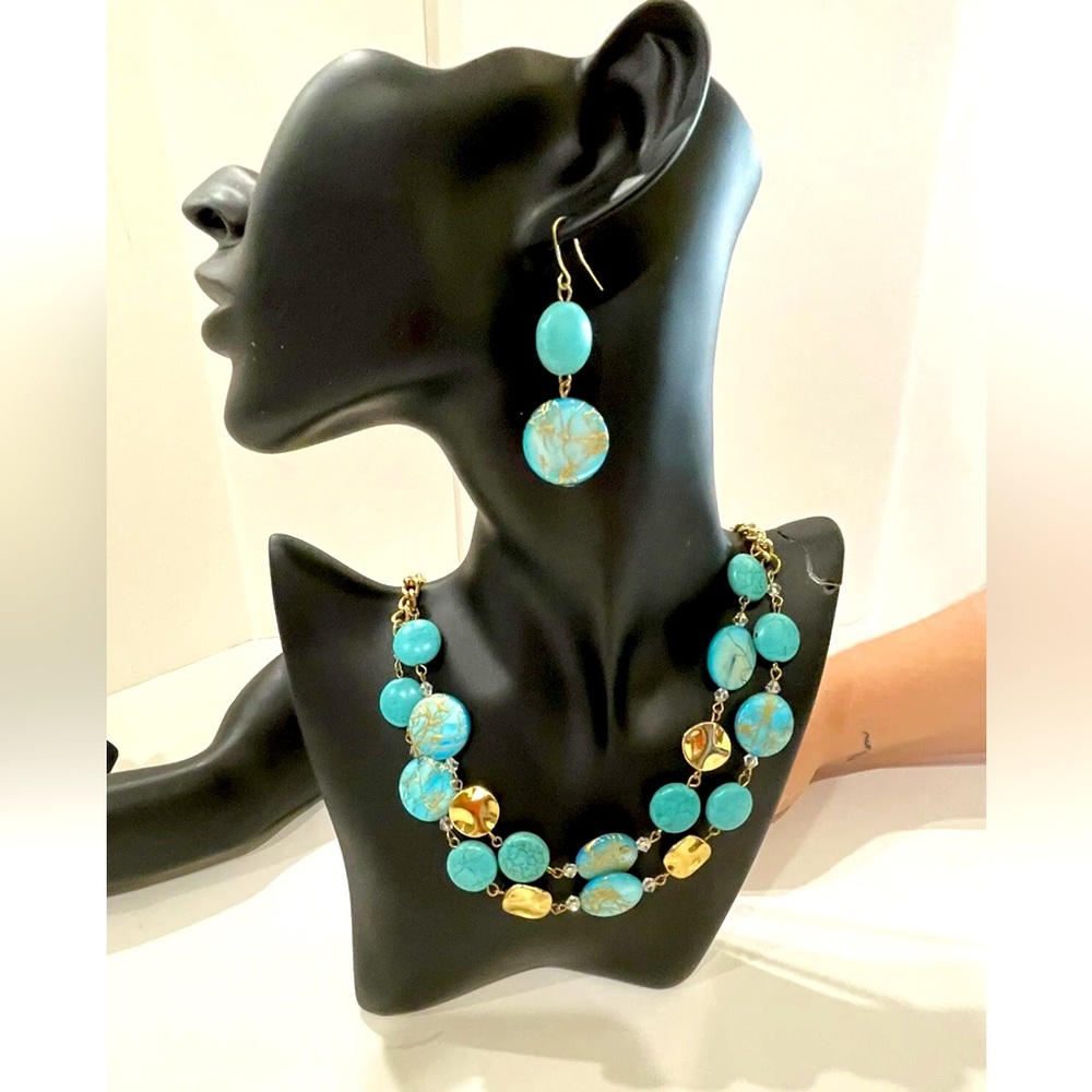 Charming Charlie Double Strand Teal Gold Crackle Necklace & Earrings Brand New!